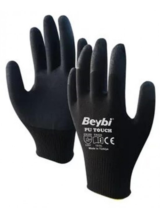 Beybi 9 Beden 12li Paket Poliüretan Kaplı Pu Touch Siyah Montaj Eldiven  EN388 (3121X)