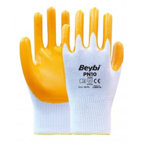 Beybi Nitril PMK PN10 10 Beden 12li Paket Polyester Örme Nitril Eldiven (4141A) Nitril 1-2 Kaplama