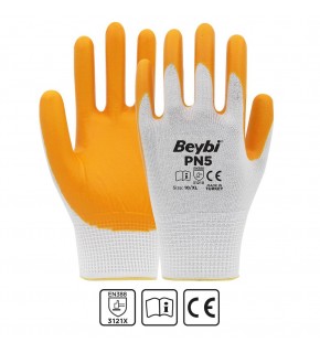 Beybi Nitril PMK PN5 Beyaz Sarı Örme Polyoster Nitril  9 Beden 12li Paket EN388 (3121X)