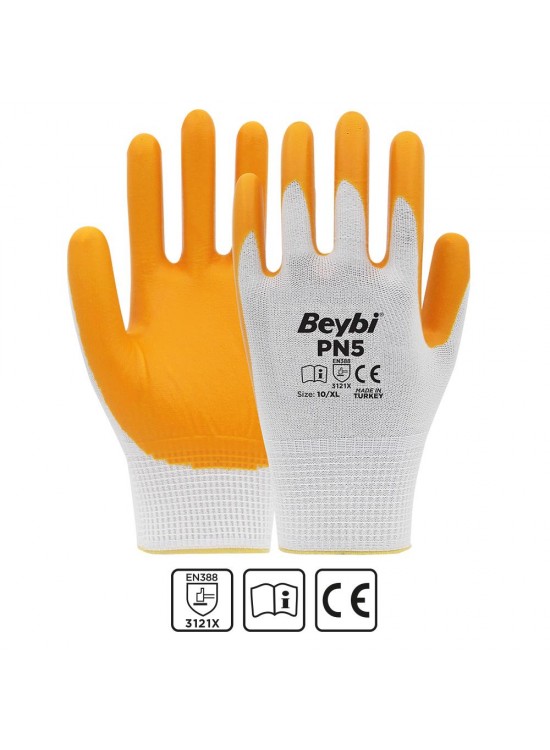 Beybi Nitril PMK PN5 Beyaz Sarı Örme Polyoster Nitril 9 Beden 12li Paket EN388 (3121X) Beybi Nitril PMK PN5 Beyaz Sarı Örme Polyoster Nitril 9 Beden 12li Paket EN388 (3121X)