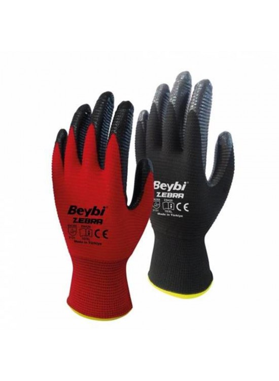 Beybi Nitril Poly Pnzebra 10 Beden Kırmızı Siyah Eldiven 12li Paket EN388 (3131X)