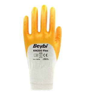 Beybi Pamuk Nitril PMK KN350 Flex 9 Beden Eldiven 12li Paket Beyaz Sarı EN388 (2111X)
