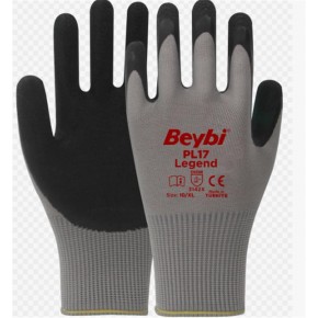 BEYBİ PL-17 10 Beden Gri-Siyah 12li Paket Legend Polyester Örme Lateks Eldiven