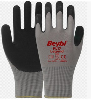 BEYBİ PL-17 10 Beden Gri-Siyah 12li Paket Legend Polyester Örme Lateks Eldiven