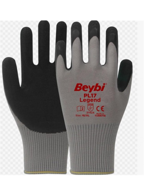 BEYBİ PL-17 10 Beden Gri-Siyah 12li Paket Legend Polyester Örme Lateks Eldiven