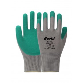 BEYBİ PL17 9 Beden Gri-Yeşil 12li Paket Legend Polyester Örme Lateks Eldiven