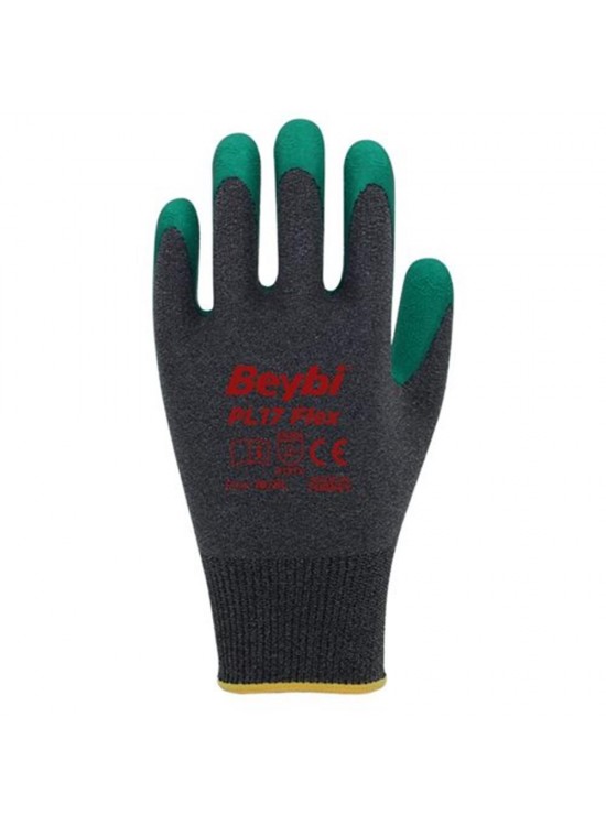 BEYBİ PL17 Flex 10 Beden Gri-Yeşil Polyesyter Likralı İpten Örülmüş Lateks Kaplı 12li Paket (3131X)