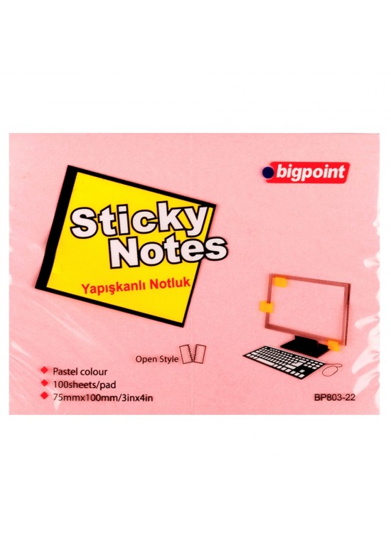 Bigpoint Yapışkanlı Not Kağıdı 75x100 Pembe BP803-22 (1 Adet)