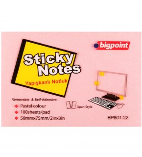 Bigpoint Yapışkanlı Not Kağıdı 75x50 Pembe BP801-22 (1 Adet)