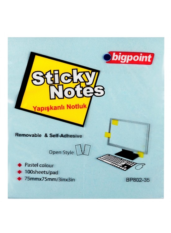 Bigpoint Yapışkanlı Not Kağıdı 75x75 Mavi BP802-35 (1 Adet) Bigpoint Yapışkanlı Not Kağıdı 75x75 Mavi BP802-35 (1 Adet)