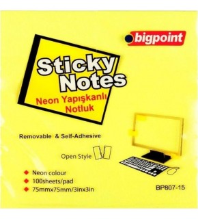 Bigpoint Yapışkanlı Not Kağıdı 75x75 Neon Sarı BP807-15 (1 Adet)