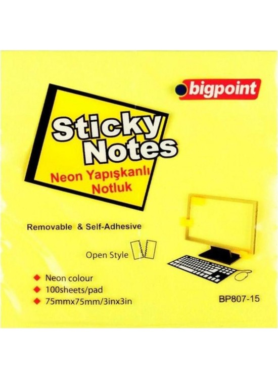 Bigpoint Yapışkanlı Not Kağıdı 75x75 Neon Sarı BP807-15 (1 Adet)