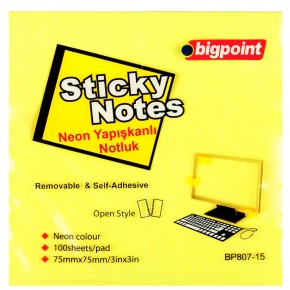 Bigpoint Yapışkanlı Not Kağıdı 75x75 Neon Sarı BP807-15 (1 Adet)