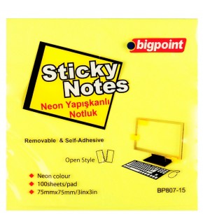 Bigpoint Yapışkanlı Not Kağıdı 75x75 Neon Sarı BP807-15 (1 Adet)