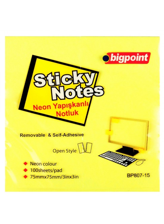 Bigpoint Yapışkanlı Not Kağıdı 75x75 Neon Sarı BP807-15 (1 Adet) Bigpoint Yapışkanlı Not Kağıdı 75x75 Neon Sarı BP807-15 (1 Adet)