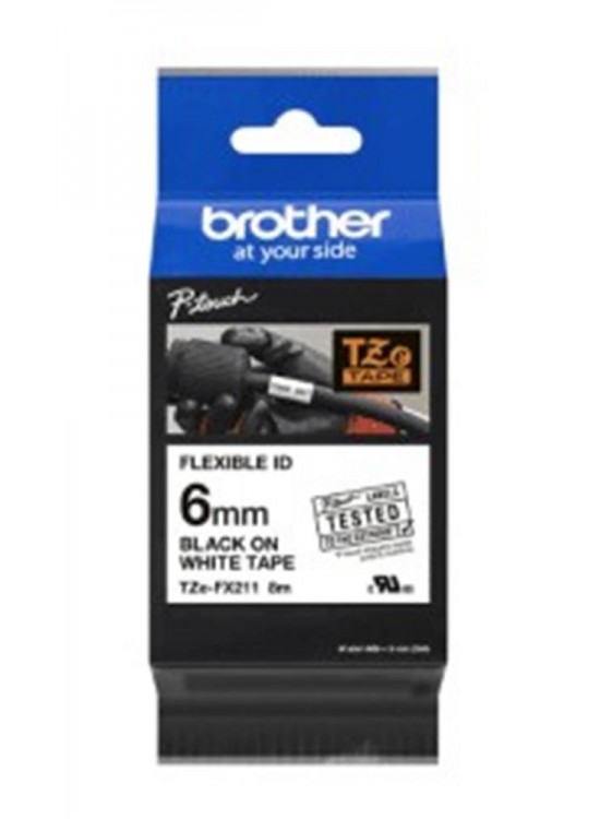 Brother TZE-FX211 6 mm Beyaz Üzeri Siyah Esnek Laminasyonlu Etiket