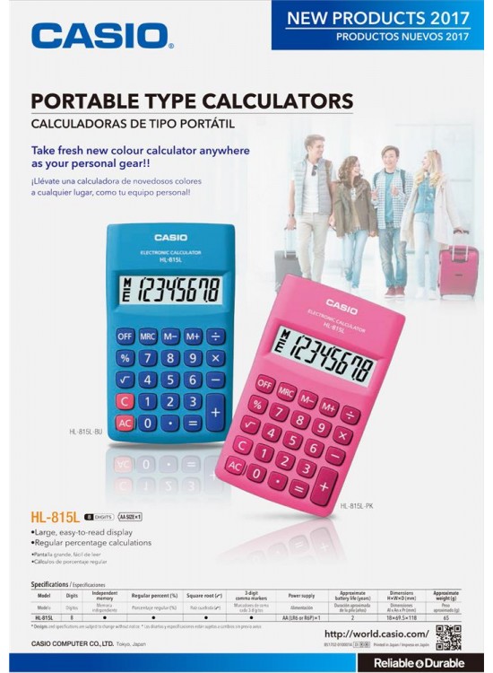 Casio HL-815L-PK 8 Hane Pembe Cep Tipi Hesap Makinesi