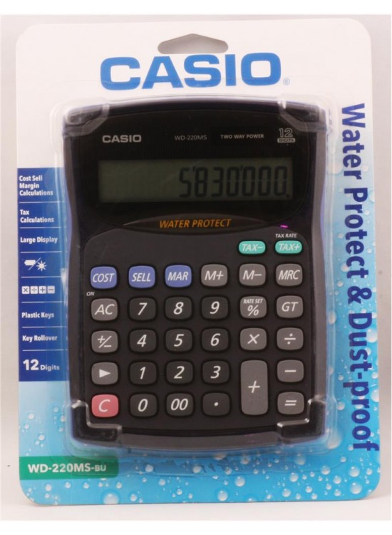 Casio WD-220MS-BU 12 Hane Suya-Toza Dayanıklı Masa Üstü Hesap Makinesi