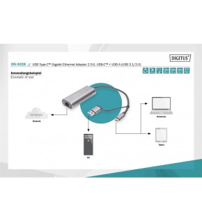 Digitus DN-3028 USB Tip C™ Gigabit Ethernet Adaptörü 2.5G, USB-C™ + USB-A (USB 3.1-3.0)
