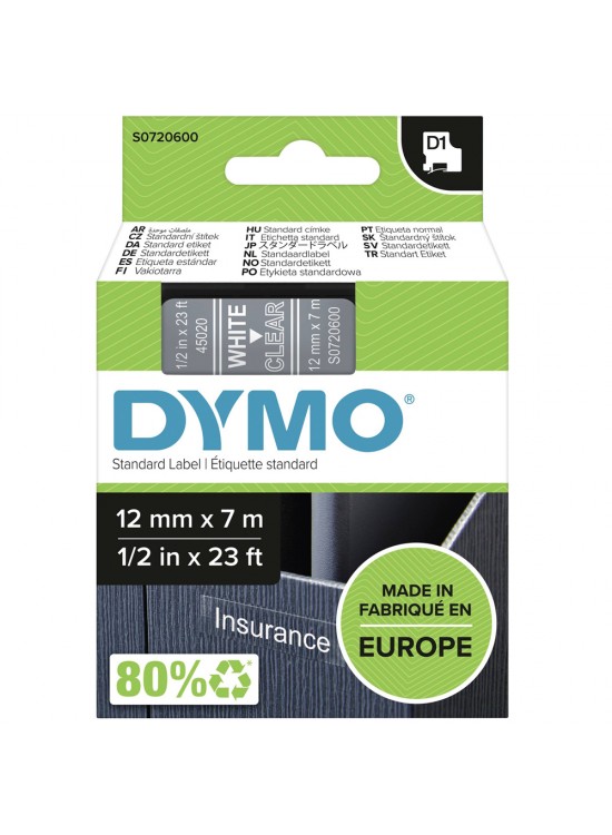 Dymo D1 Şerit 12 MMx7mt Şeffaf/ Beyaz 45020