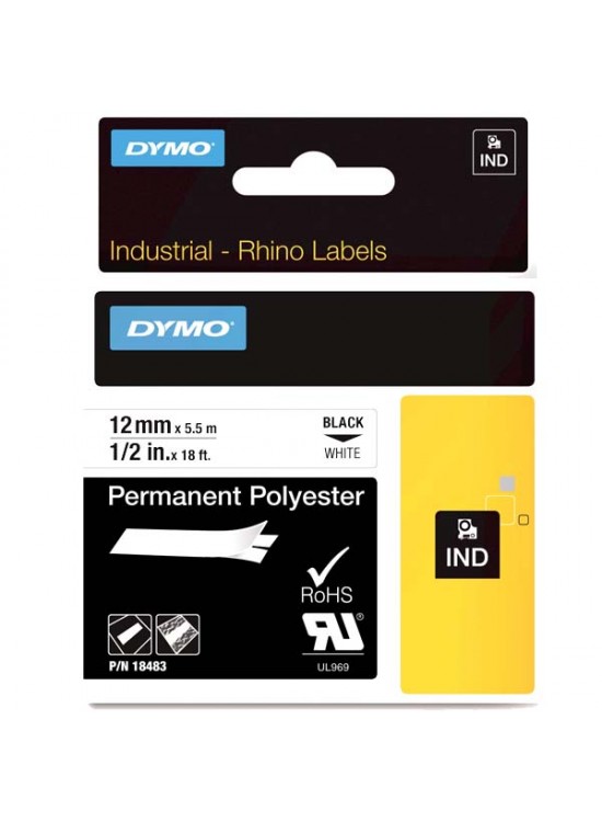Dymo Rhino Pro Etiketi Plastik Sabit 12 MMx5.5 MT Beyaz Üzerine Siyah 18483