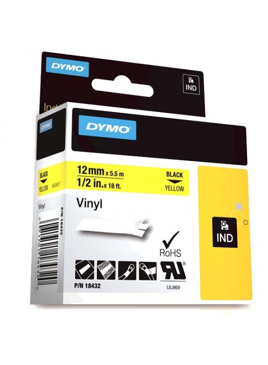 Dymo Rhino Pro Etiketi Renkli Vinil 12 MMx5.5 MT Sarı Üzerine Siyah 18432