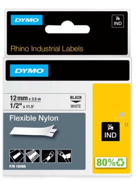 Dymo Rhinopro Esnek Naylon Şerit 12 MMx3.5 M Beyaz/Siyah 18488
