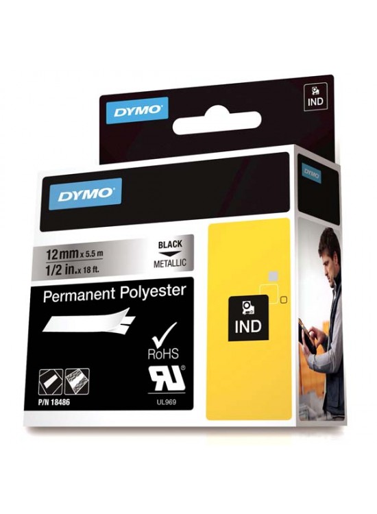 Dymo Rhinopro Sabitpolyester 12 MMx5.5 M Metalik Gri/Siyah 18486
