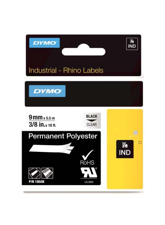 Dymo RhinoPRO SabitPolyester Şerit 9 MMx5,5 M Şeffaf/Siyah 18508