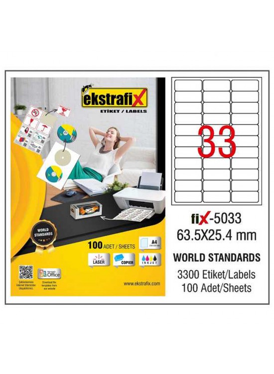 Ekstrafix Laser Etiket 100 YP 63.5X25,4 Laser-Copy-Inkjet FİX-5033