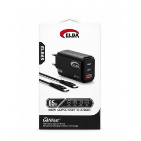 Elba ELB65 65W Siyah Ev Şarj Kafa + Type- C To Type-C Kablo  ( GANFAST Teknoloji )Şarj Aleti