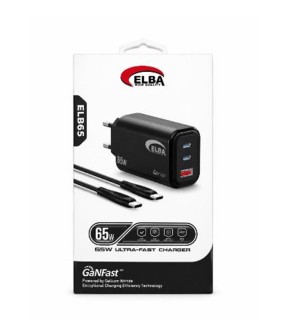Elba ELB65 65W Siyah Ev Şarj Kafa + Type- C To Type-C Kablo  ( GANFAST Teknoloji )Şarj Aleti