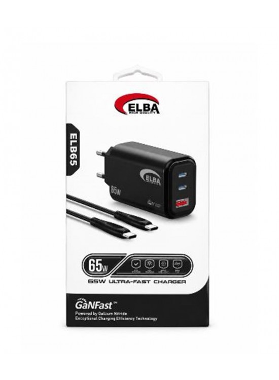 Elba ELB65 65W Siyah Ev Şarj Kafa + Type- C To Type-C Kablo  ( GANFAST Teknoloji )Şarj Aleti