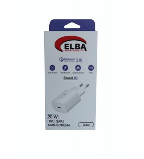 Elba ELB02-20WPD Beyaz 20W USB-C Şarj Kafa PD 3.0-QC4.0(Akıllı Koruma-Hızlı Şarj-Isıya Dayanıklı)