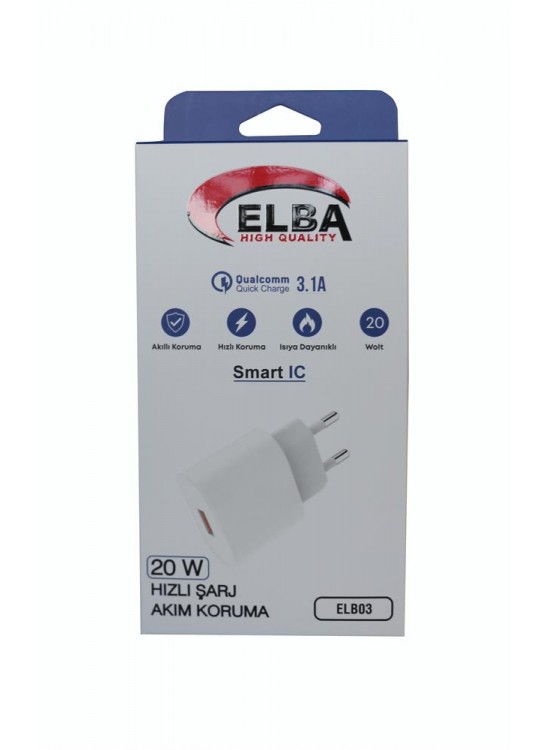 Elba ELB03-20USB Beyaz 20W USb Şarj Kafa QC4.0(Akıllı Koruma-Hızlı Şarj-Isıya Dayanıklı)