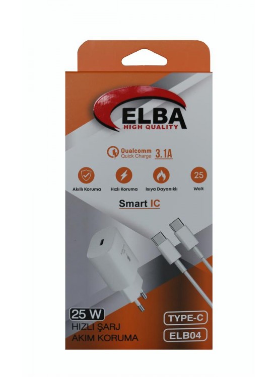 Elba ELB04-PD-25WTypc Beyaz 25W Typc-e Ev Şarj Kafa+1mt Type-c To Type-c Kablo 3.1 Hızlı Şarj