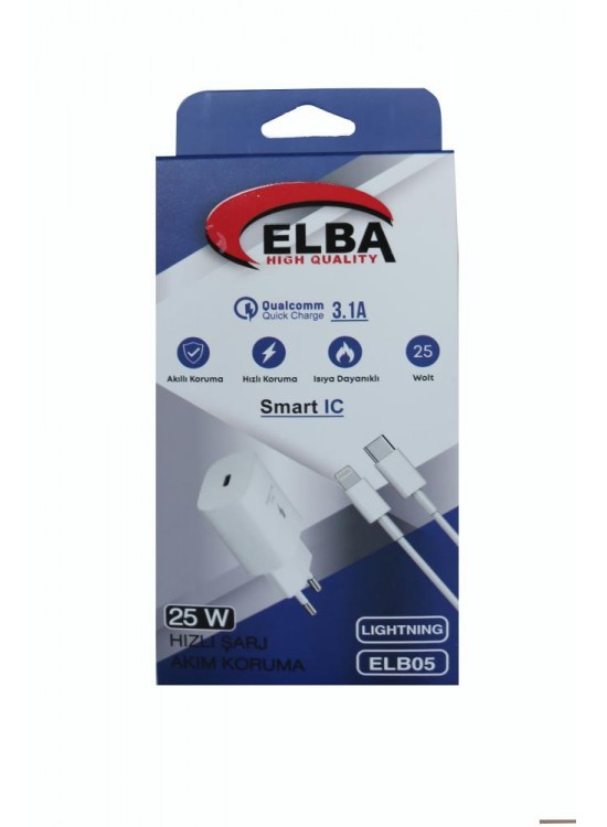 Elba ELB05-PD-25WIOS Beyaz 25W Usb-c Ev Şarj Kafa+1mt Type-c To Lightnıng Kablo PD3.0-QC4.0 Hızlı Ş Elba ELB05-PD-25WIOS Beyaz 25W Usb-c Ev Şarj Kafa+1mt Type-c To Lightnıng Kablo PD3.0-QC4.0 Hızlı Ş