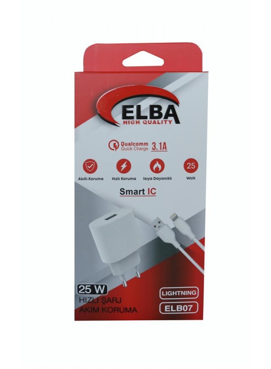 Elba ELB07-USB-25WIOS Beyaz 25W Usb Ev Şarj Kafa+ Usb 1mt Lightning Kablo QC4.0 Hızlı Şarj Elba ELB07-USB-25WIOS Beyaz 25W Usb Ev Şarj Kafa+ Usb 1mt Lightning Kablo QC4.0 Hızlı Şarj