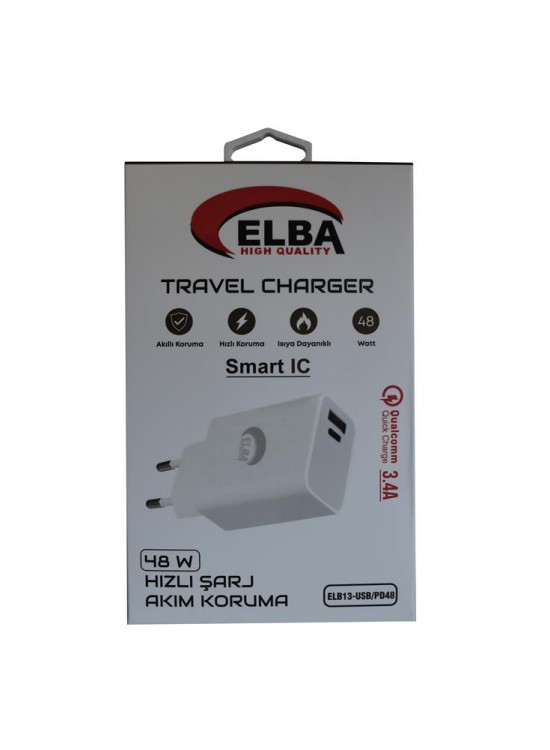 Elba ELB13 Elb-48w 3.4A USB-Pd48 (Usb+Type-C) Akıllı Koruma- Isıya Dayanklı Hızlı Şarj Ev Şarj Kafa