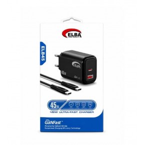 Elba ELB45 45W Siyah Ev Şarj Kafa+ Type- C To Type-C Kablo ( GANFAST Teknoloji Şarj Aleti )