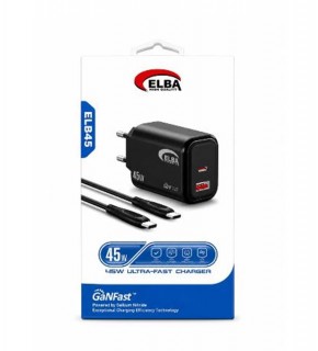 Elba ELB45 45W Siyah Ev Şarj Kafa+ Type- C To Type-C Kablo ( GANFAST Teknoloji Şarj Aleti )