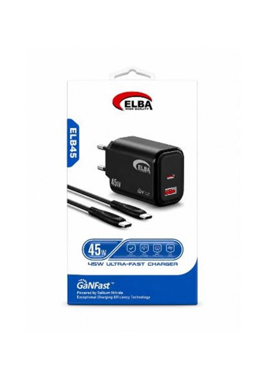 Elba ELB45 45W Siyah Ev Şarj Kafa+ Type- C To Type-C Kablo ( GANFAST Teknoloji Şarj Aleti )