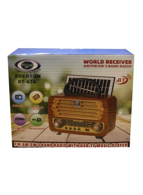 Everton RT-674  Bluetooth-USB-SD-FM Şarjlı,Solarlı  Nostaljik Radyo