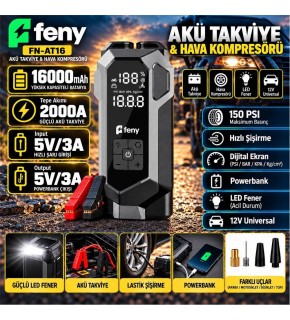Feny FN-AT16 16.000 Mah 5v-3a Akü Takviye Ve Hava Kompresörü (Lastik Şişirme- Powerbank) Çantalı