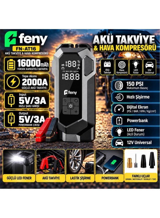 Feny FN-AT16 16.000 Mah 5v-3a Akü Takviye Ve Hava Kompresörü (Lastik Şişirme- Powerbank) Çantalı Feny FN-AT16 16.000 Mah 5v-3a Akü Takviye Ve Hava Kompresörü (Lastik Şişirme- Powerbank) Çantalı