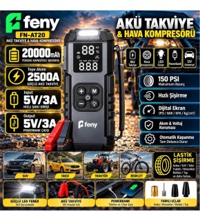 Feny FN-AT20 20.000 Mah 5v-3a Akü Takviye Ve Hava Kompresörü (Lastik Şişirme- Powerbank) Çantalı