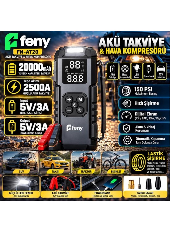 Feny FN-AT20 20.000 Mah 5v-3a Akü Takviye Ve Hava Kompresörü (Lastik Şişirme- Powerbank) Çantalı Feny FN-AT20 20.000 Mah 5v-3a Akü Takviye Ve Hava Kompresörü (Lastik Şişirme- Powerbank) Çantalı
