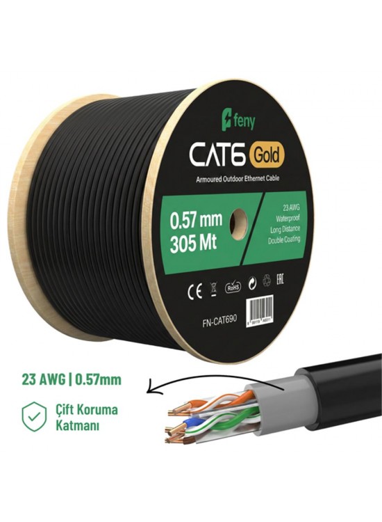 Feny FN-CAT690 305Mt 23AWG 0,57MM Çift Ceket Gold Dış Mekan Cat6 UTP Kablo