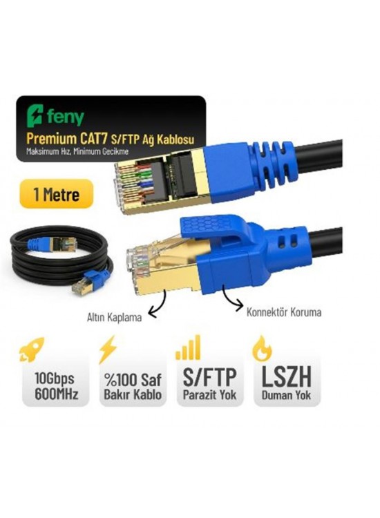 Feny FN-CAT7LS01 10GBPS İnternet 60MHZ 1 Metre CAT7 Gold Patch Kablo (Yanmaz- yüzde 100 Saf Bakır)