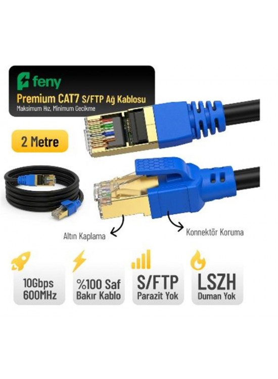 Feny FN-CAT7LS02 10GBPS İnternet 60MHZ 2 Metre CAT7 Gold Patch Kablo (Yanmaz- yüzde 100 Saf Bakır)